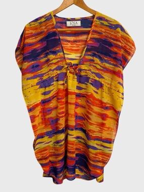 Josa Tulum Kaftan-Style Tunic Top All-Around Drawstring Tie Women's OS Beachy